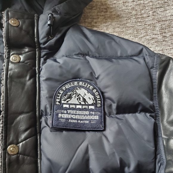 Pelle Pelle Elite Series Black & Blue Mixed Media Puffer Jacket Leather Sleeves - Picture 8 of 16